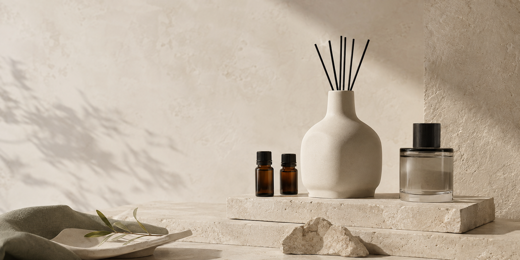Diffuser and essential oils arranged on pale limestone